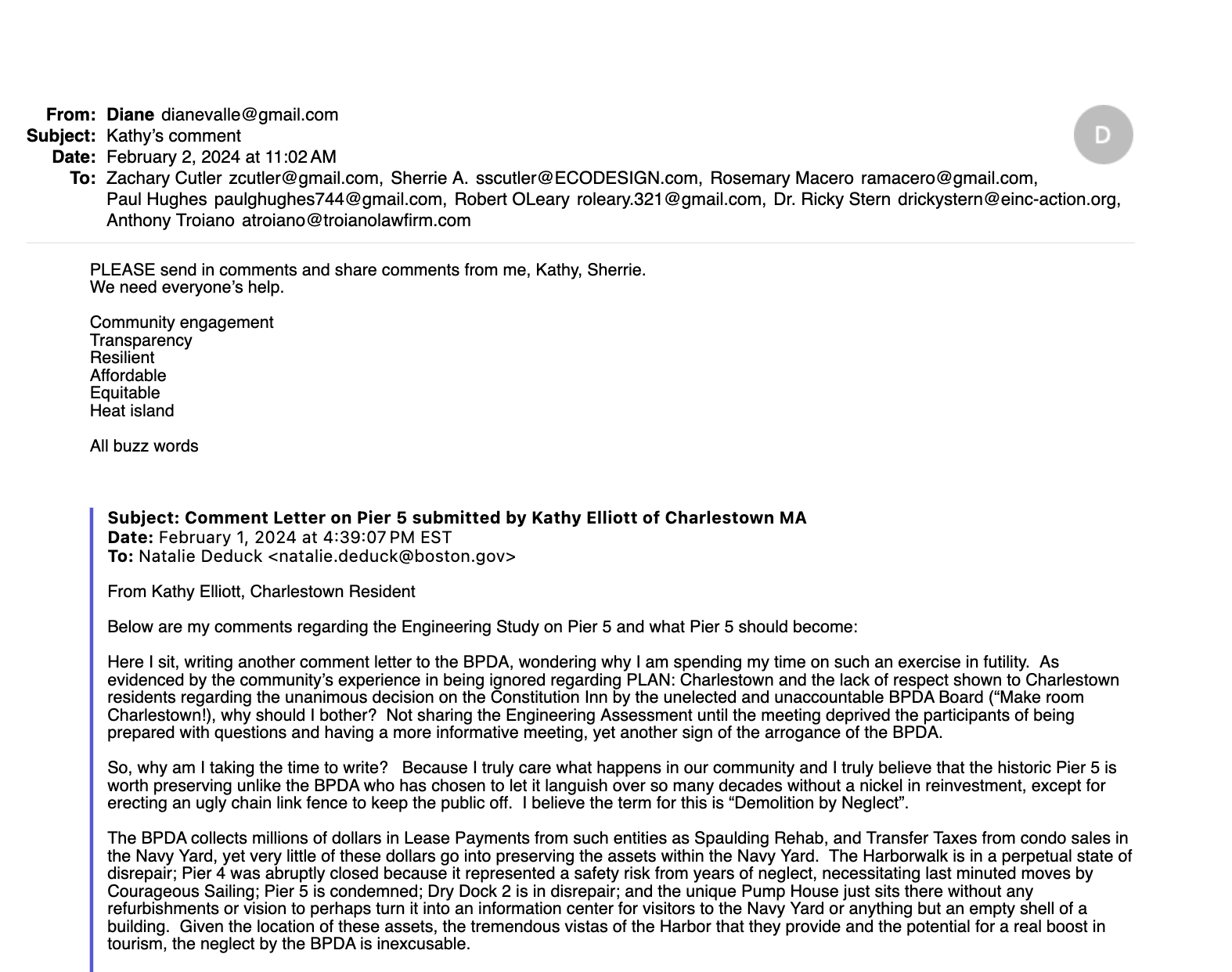 2024 Comment Letter on Pier 5 submitted by Kathy Elliott